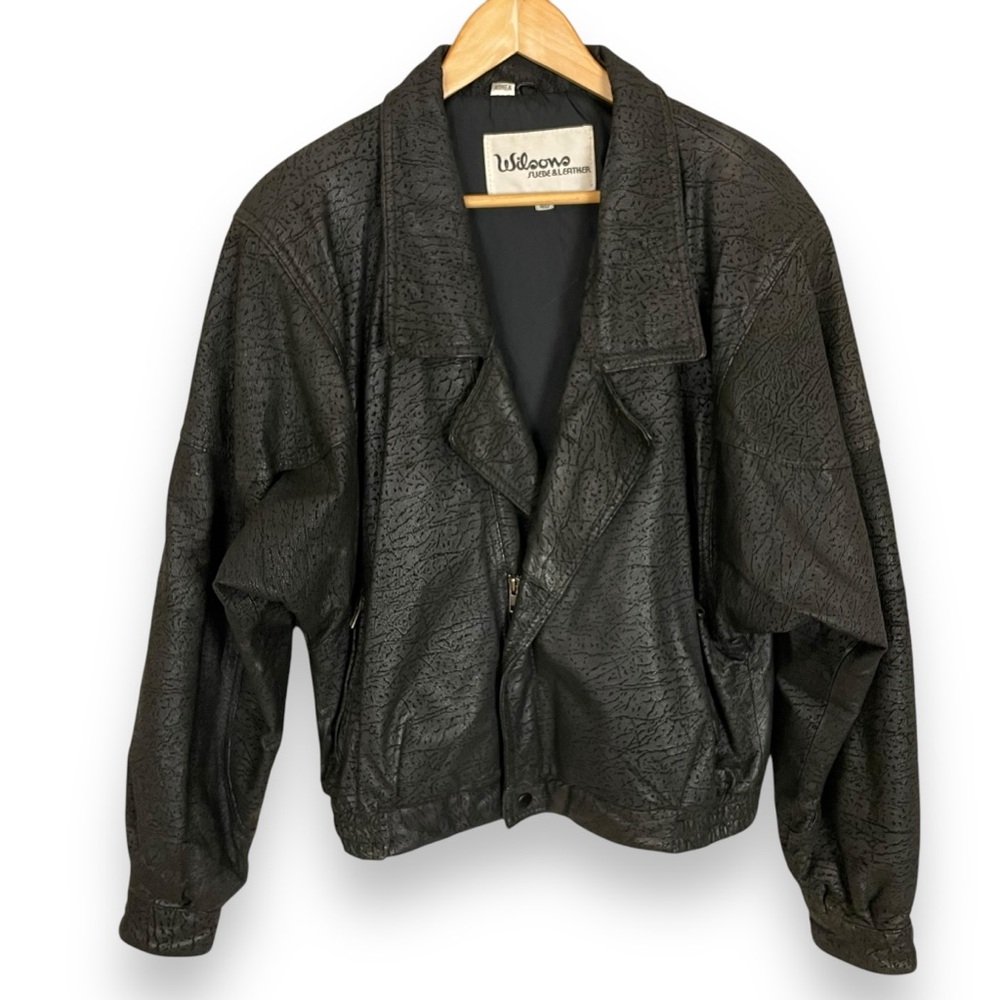 Vintage 1980s Wilsons Leather Moto Jacket Men Black Size 40 Textured Motorcycle